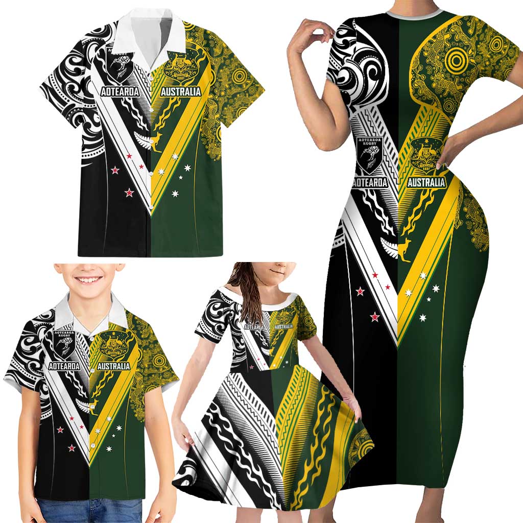 Aotearoa Australia Rugby Custom Family Matching Short Sleeve Bodycon Dress and Hawaiian Shirt Maori and Aboriginal Art Sporty Style - Aussie Hoodie