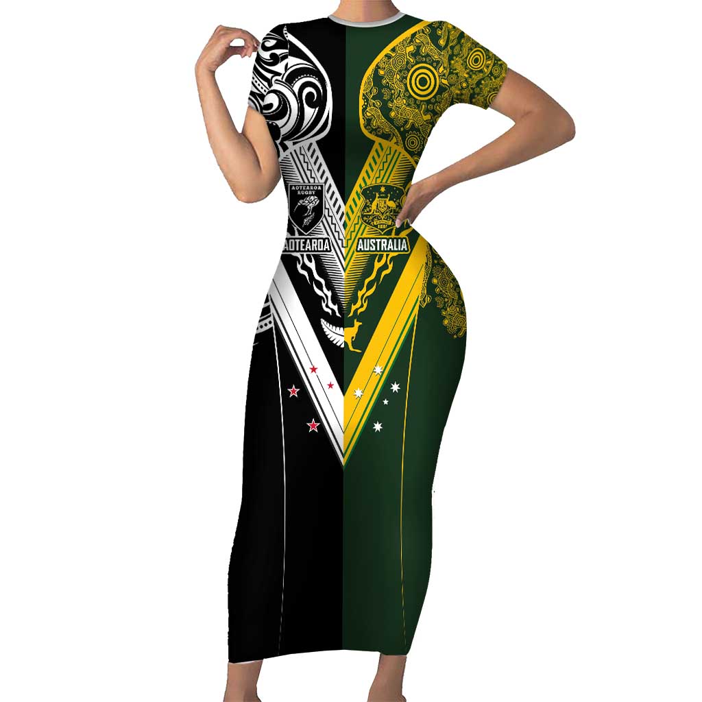 Aotearoa Australia Rugby Custom Family Matching Short Sleeve Bodycon Dress and Hawaiian Shirt Maori and Aboriginal Art Sporty Style - Aussie Hoodie