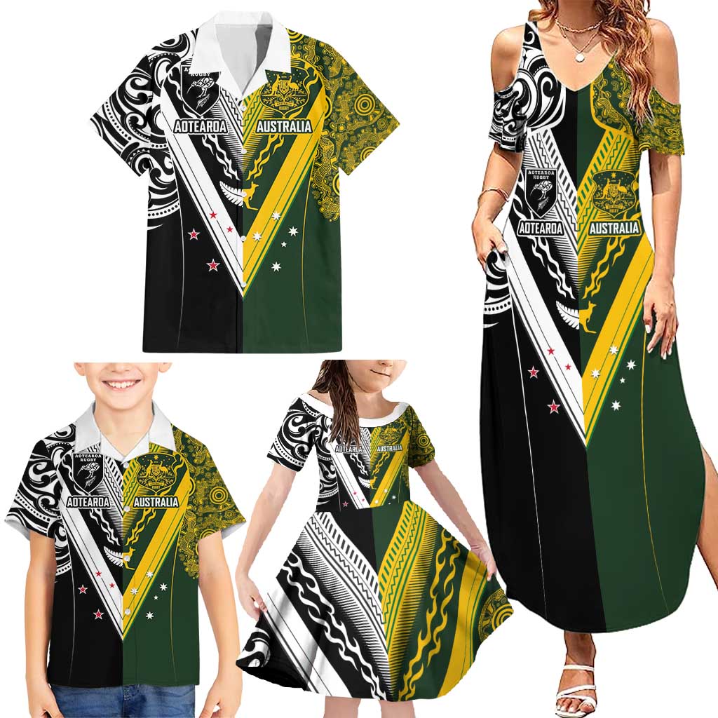 Aotearoa Australia Rugby Custom Family Matching Summer Maxi Dress and Hawaiian Shirt Maori and Aboriginal Art Sporty Style - Aussie Hoodie