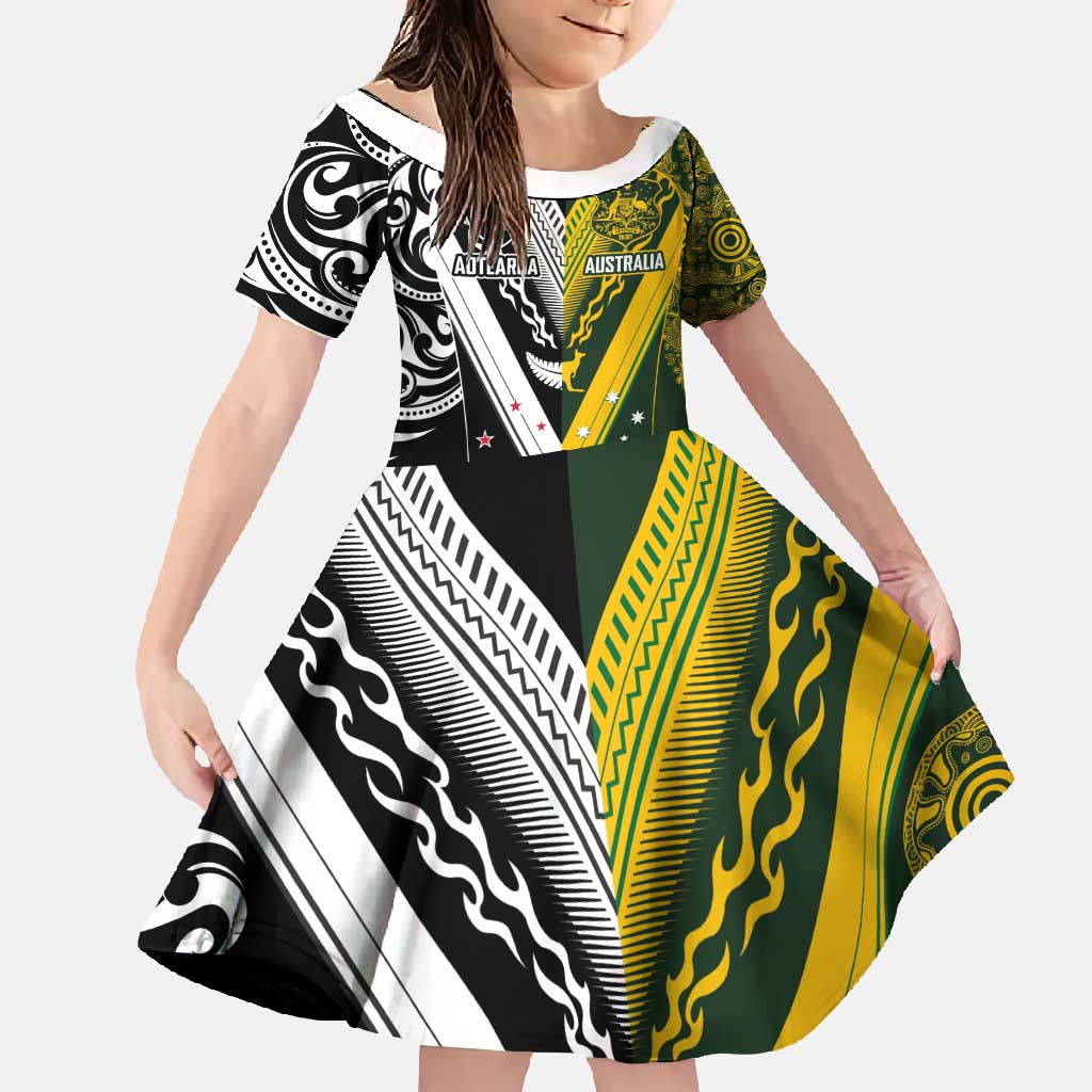 Aotearoa Australia Rugby Custom Family Matching Summer Maxi Dress and Hawaiian Shirt Maori and Aboriginal Art Sporty Style - Aussie Hoodie