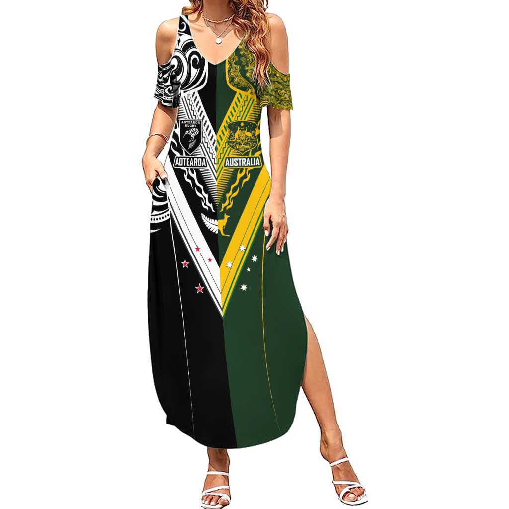 Aotearoa Australia Rugby Custom Family Matching Summer Maxi Dress and Hawaiian Shirt Maori and Aboriginal Art Sporty Style - Aussie Hoodie
