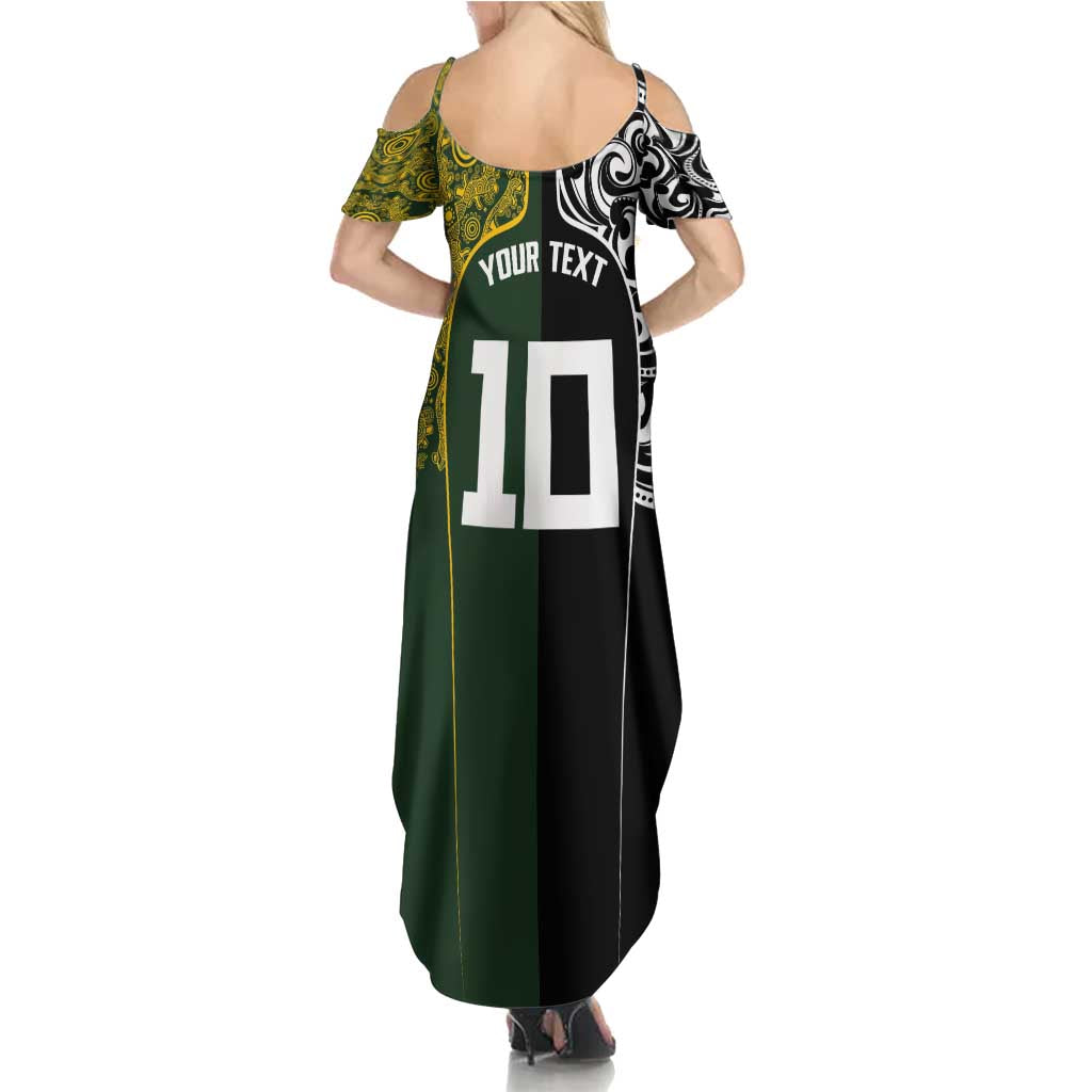 Aotearoa Australia Rugby Custom Family Matching Summer Maxi Dress and Hawaiian Shirt Maori and Aboriginal Art Sporty Style - Aussie Hoodie