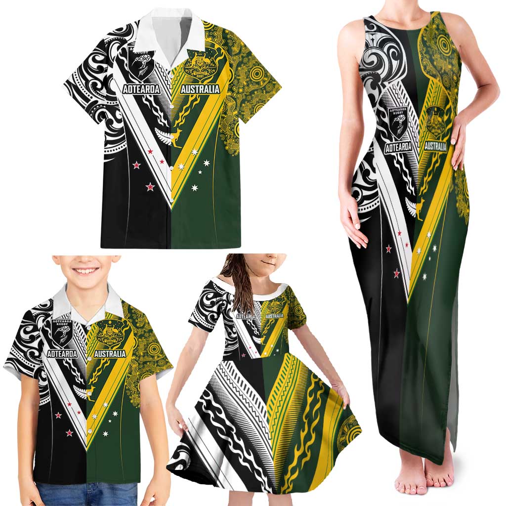 Aotearoa Australia Rugby Custom Family Matching Tank Maxi Dress and Hawaiian Shirt Maori and Aboriginal Art Sporty Style - Aussie Hoodie