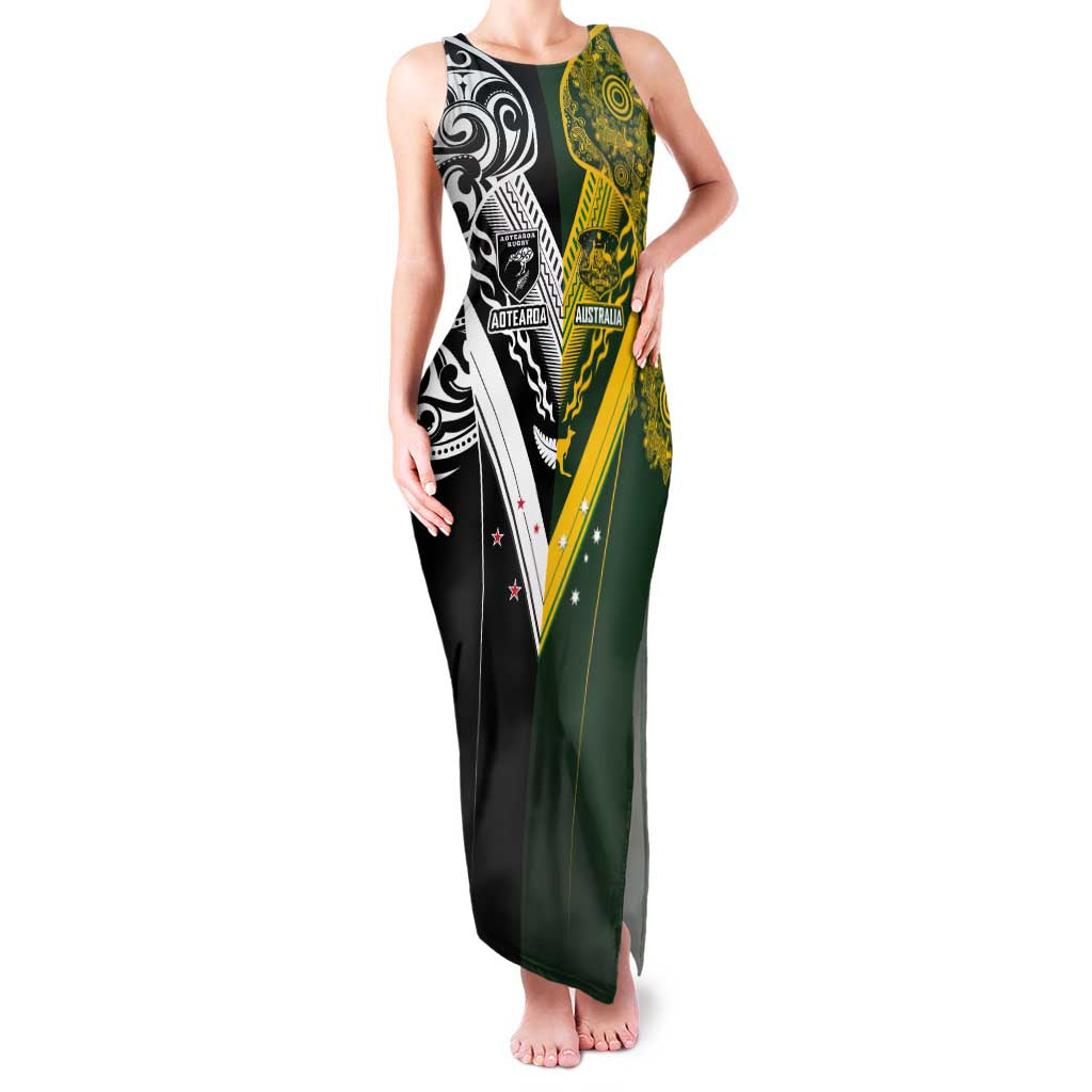 Aotearoa Australia Rugby Custom Family Matching Tank Maxi Dress and Hawaiian Shirt Maori and Aboriginal Art Sporty Style - Aussie Hoodie