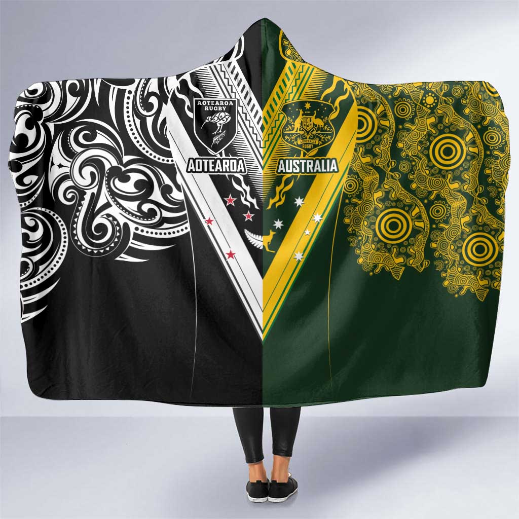 Aotearoa Australia Rugby Hooded Blanket Maori and Aboriginal Art Sporty Style - Aussie Hoodie