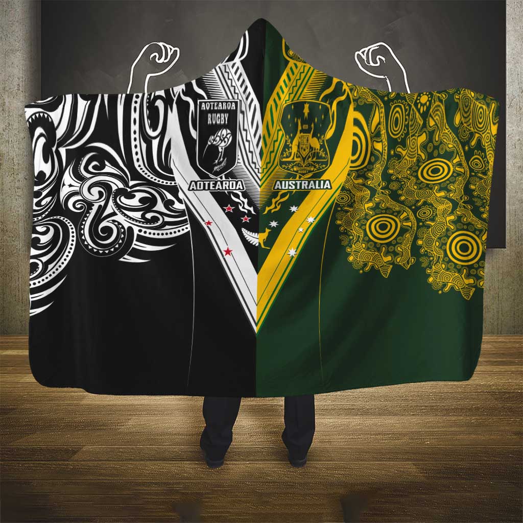 Aotearoa Australia Rugby Hooded Blanket Maori and Aboriginal Art Sporty Style - Aussie Hoodie