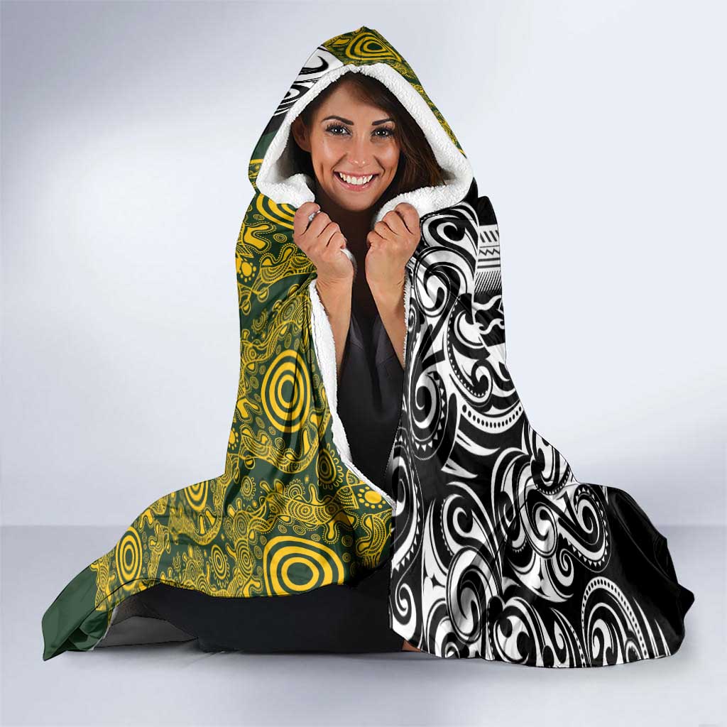 Aotearoa Australia Rugby Hooded Blanket Maori and Aboriginal Art Sporty Style - Aussie Hoodie