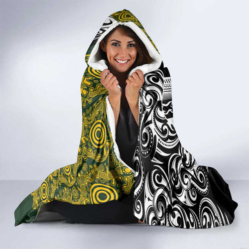 Aotearoa Australia Rugby Hooded Blanket Maori and Aboriginal Art Sporty Style - Aussie Hoodie