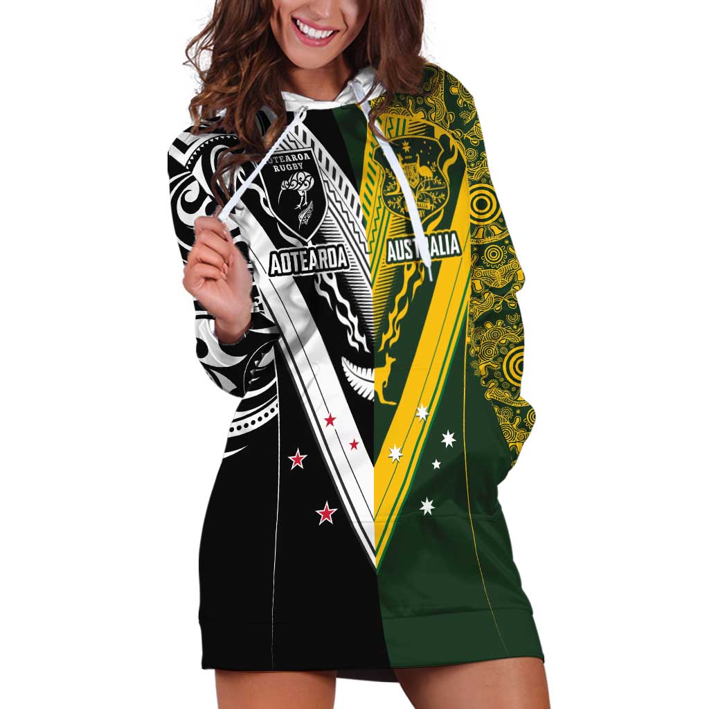 Aotearoa Australia Rugby Custom Hoodie Dress Maori and Aboriginal Art Sporty Style - Aussie Hoodie