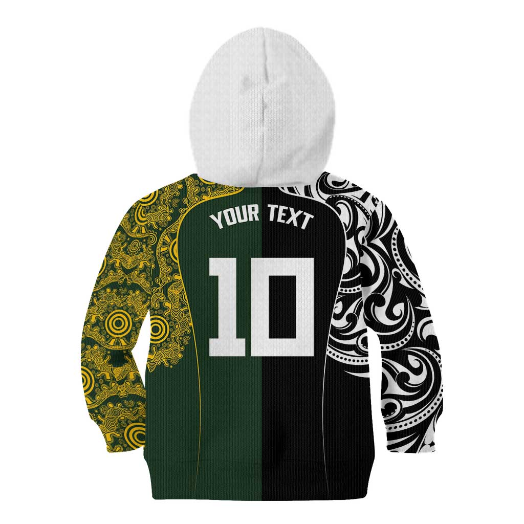 Aotearoa Australia Rugby Custom Kid Hoodie Maori and Aboriginal Art Sporty Style - Aussie Hoodie