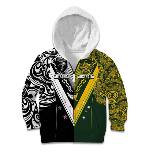 Aotearoa Australia Rugby Custom Kid Hoodie Maori and Aboriginal Art Sporty Style - Aussie Hoodie