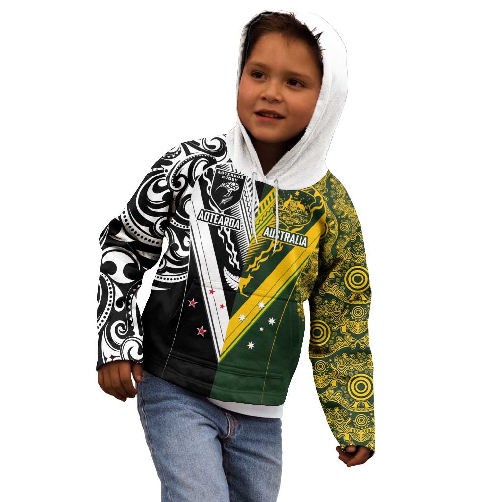 Aotearoa Australia Rugby Custom Kid Hoodie Maori and Aboriginal Art Sporty Style - Aussie Hoodie