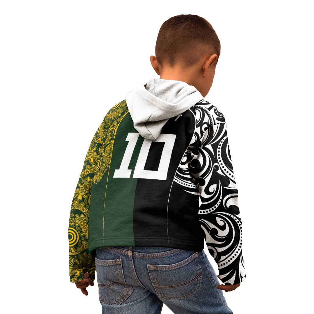 Aotearoa Australia Rugby Custom Kid Hoodie Maori and Aboriginal Art Sporty Style - Aussie Hoodie