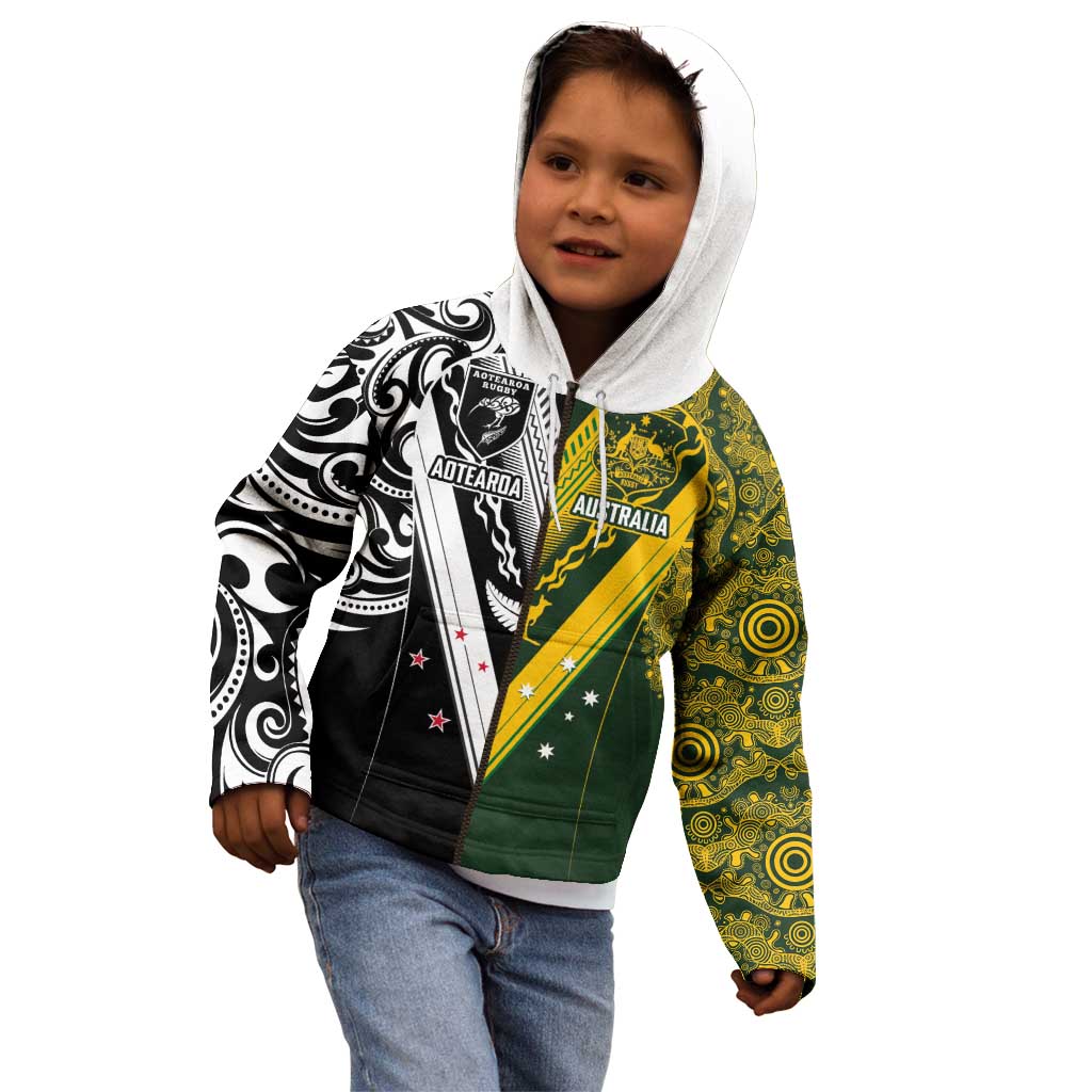 Aotearoa Australia Rugby Custom Kid Hoodie Maori and Aboriginal Art Sporty Style - Aussie Hoodie