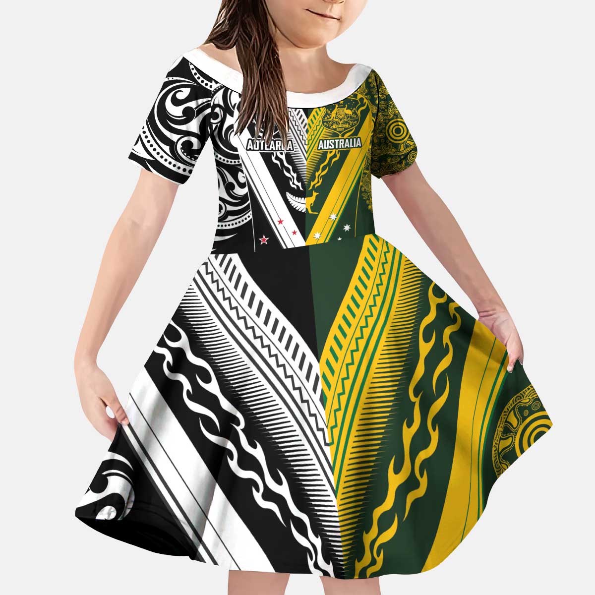 Aotearoa Australia Rugby Custom Kid Short Sleeve Dress Maori and Aboriginal Art Sporty Style - Aussie Hoodie