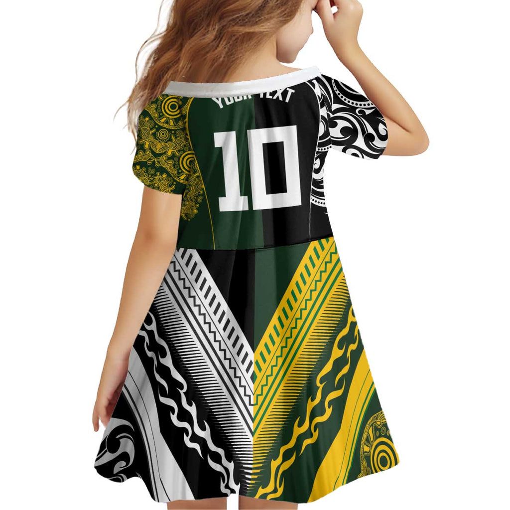 Aotearoa Australia Rugby Custom Kid Short Sleeve Dress Maori and Aboriginal Art Sporty Style - Aussie Hoodie
