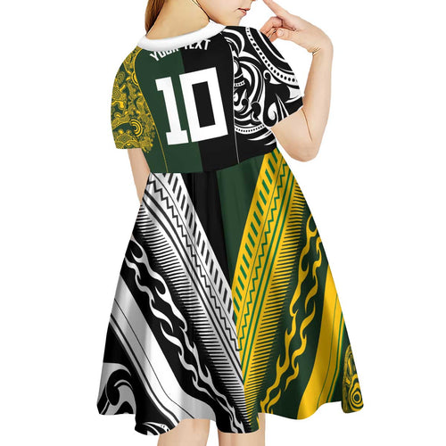 Aotearoa Australia Rugby Custom Kid Short Sleeve Dress Maori and Aboriginal Art Sporty Style - Aussie Hoodie