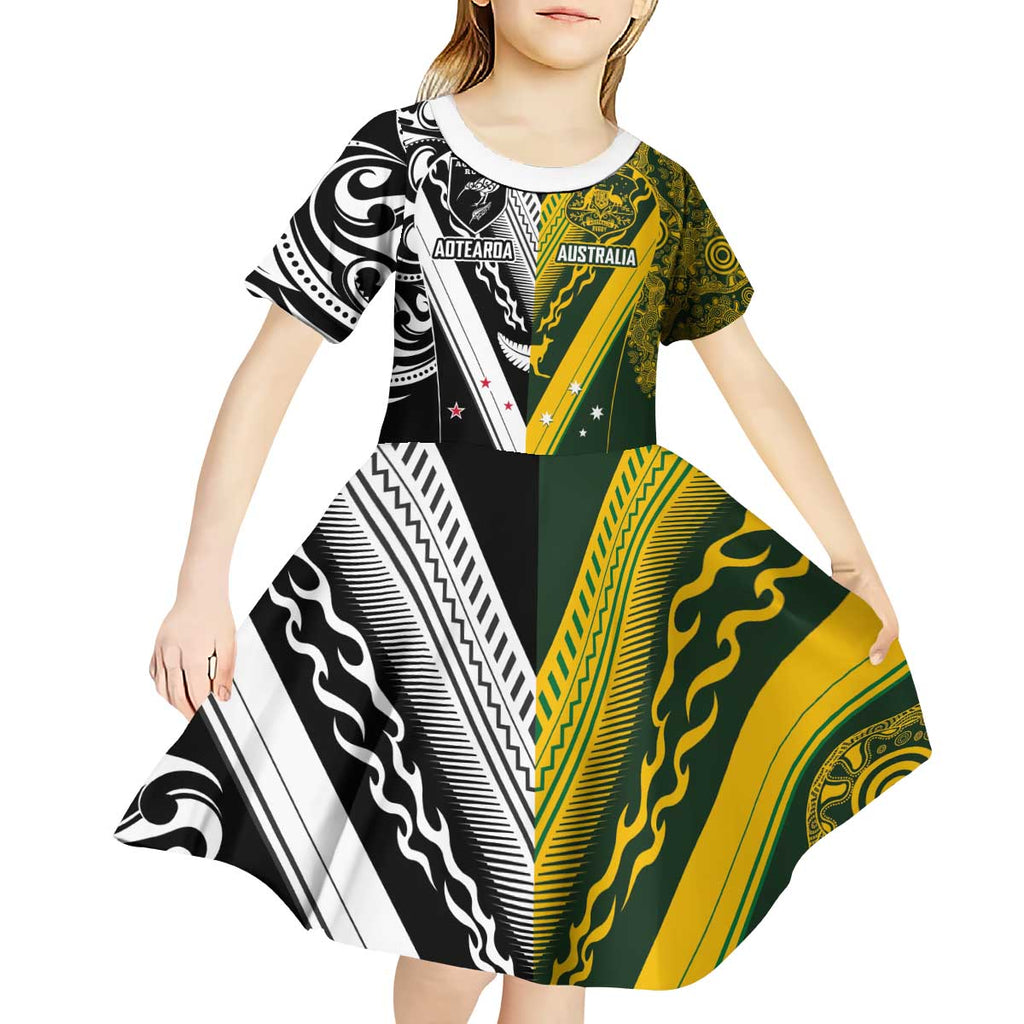 Aotearoa Australia Rugby Custom Kid Short Sleeve Dress Maori and Aboriginal Art Sporty Style - Aussie Hoodie