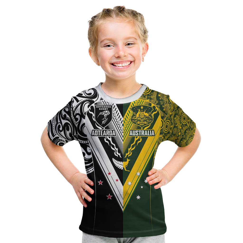 Aotearoa Australia Rugby Custom Kid T Shirt Maori and Aboriginal Art Sporty Style - Aussie Hoodie