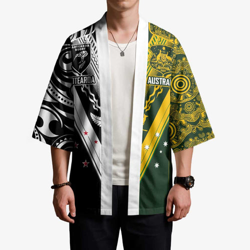 Aotearoa Australia Rugby Custom Kimono Maori and Aboriginal Art Sporty Style - Aussie Hoodie