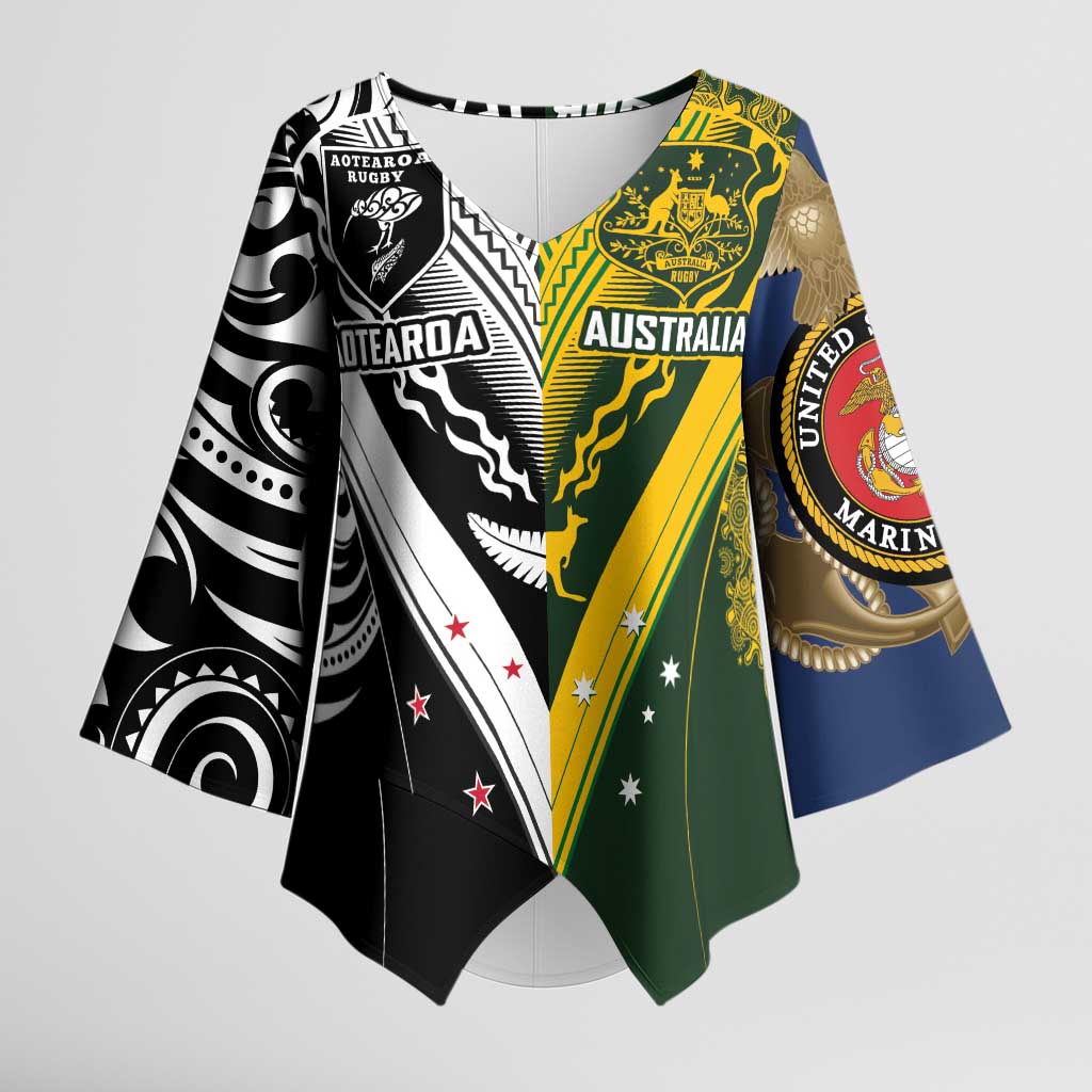 Aotearoa Australia Rugby Custom Kimono Sleeve Blouse Maori and Aboriginal Art Sporty Style - Aussie Hoodie