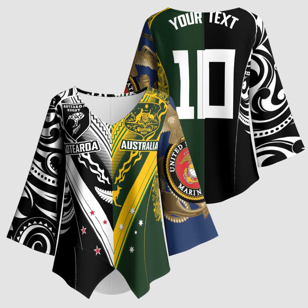 Aotearoa Australia Rugby Custom Kimono Sleeve Blouse Maori and Aboriginal Art Sporty Style - Aussie Hoodie
