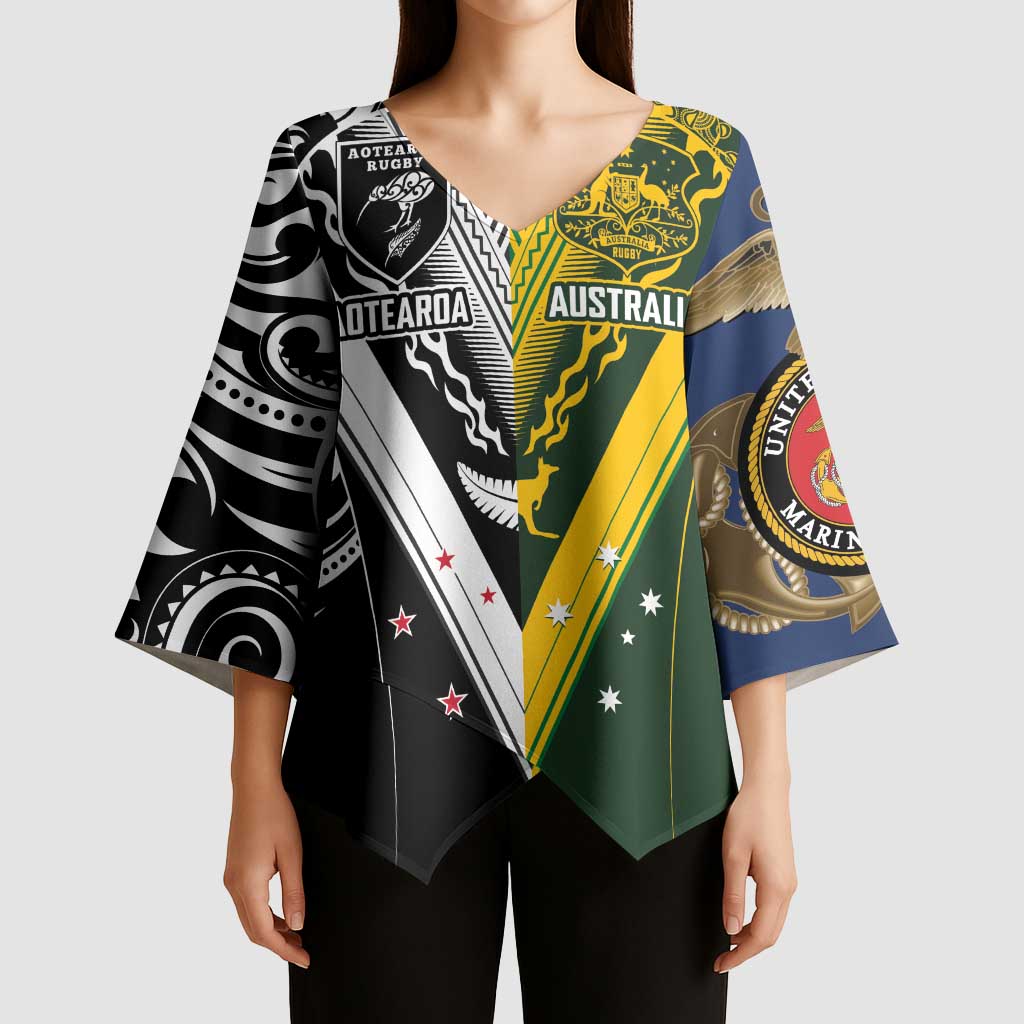 Aotearoa Australia Rugby Custom Kimono Sleeve Blouse Maori and Aboriginal Art Sporty Style - Aussie Hoodie