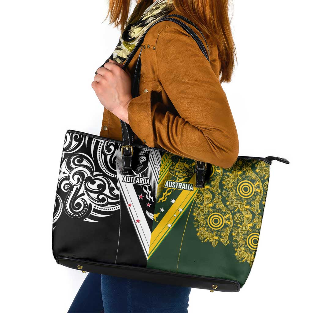 Aotearoa Australia Rugby Leather Tote Bag Maori and Aboriginal Art Sporty Style - Aussie Hoodie