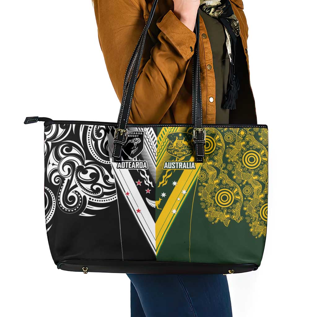 Aotearoa Australia Rugby Leather Tote Bag Maori and Aboriginal Art Sporty Style - Aussie Hoodie