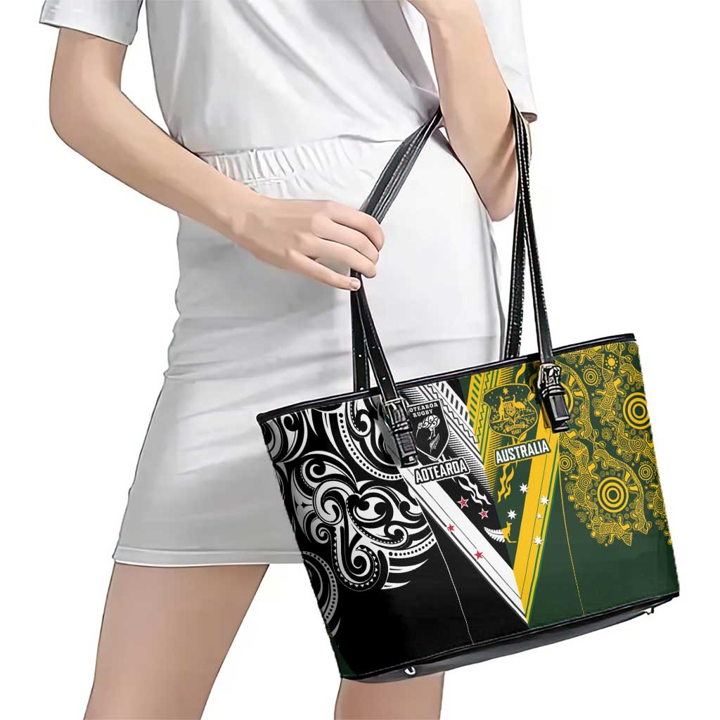 Aotearoa Australia Rugby Leather Tote Bag Maori and Aboriginal Art Sporty Style - Aussie Hoodie