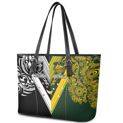 Aotearoa Australia Rugby Leather Tote Bag Maori and Aboriginal Art Sporty Style - Aussie Hoodie