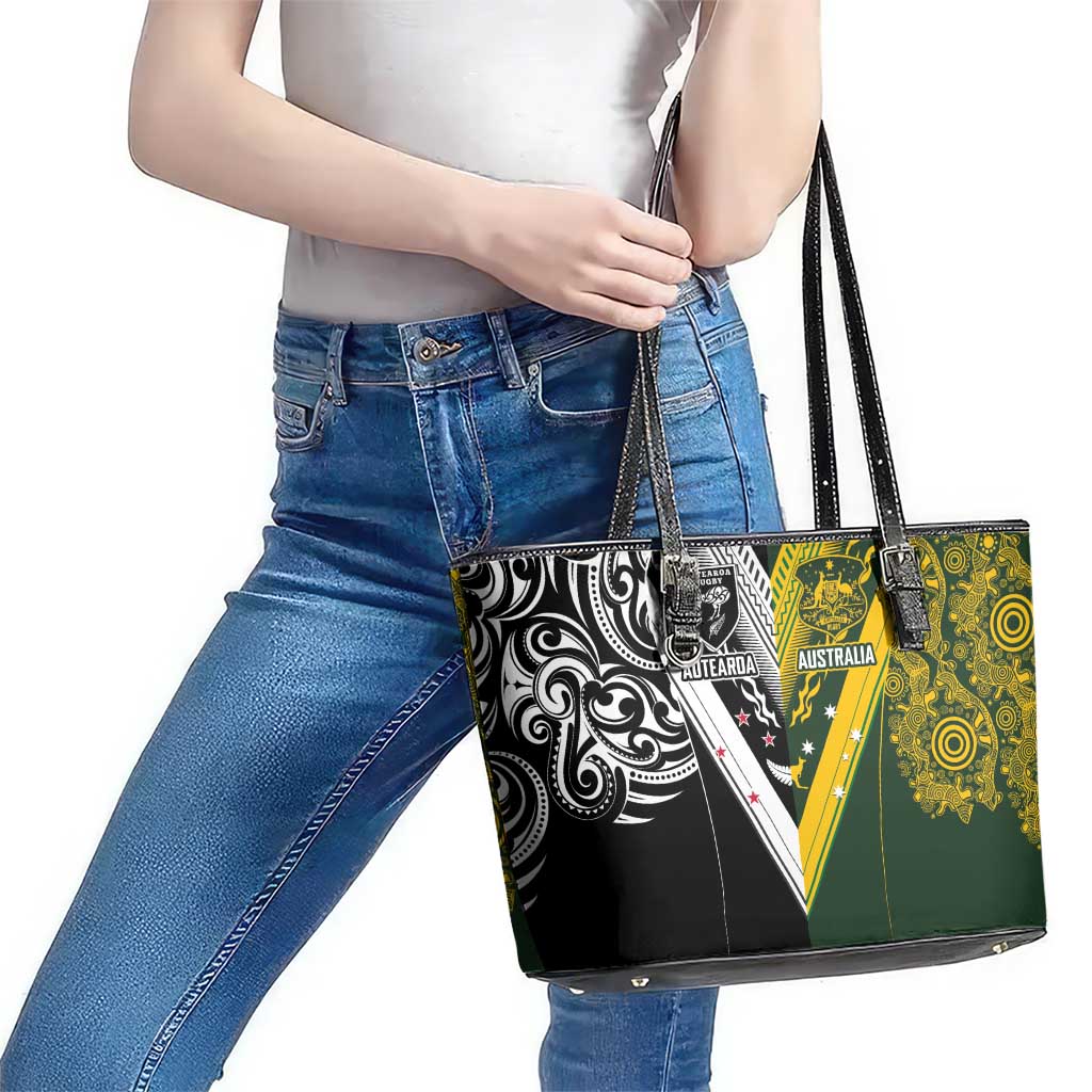 Aotearoa Australia Rugby Leather Tote Bag Maori and Aboriginal Art Sporty Style - Aussie Hoodie
