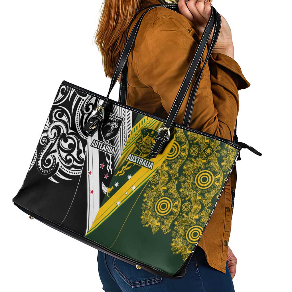Aotearoa Australia Rugby Leather Tote Bag Maori and Aboriginal Art Sporty Style - Aussie Hoodie