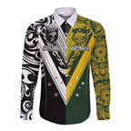 Aotearoa Australia Rugby Custom Long Sleeve Button Shirt Maori and Aboriginal Art Sporty Style - Aussie Hoodie