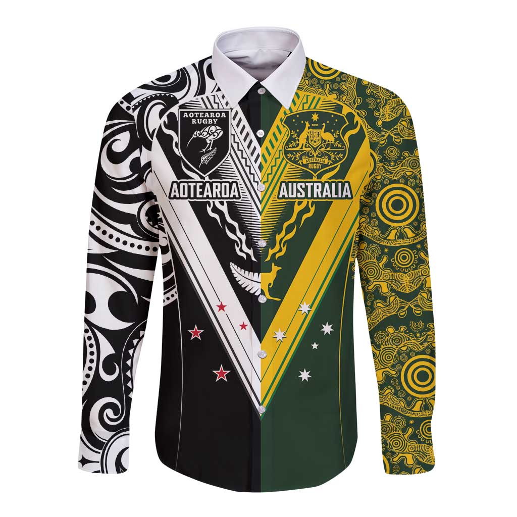 Aotearoa Australia Rugby Custom Long Sleeve Button Shirt Maori and Aboriginal Art Sporty Style - Aussie Hoodie