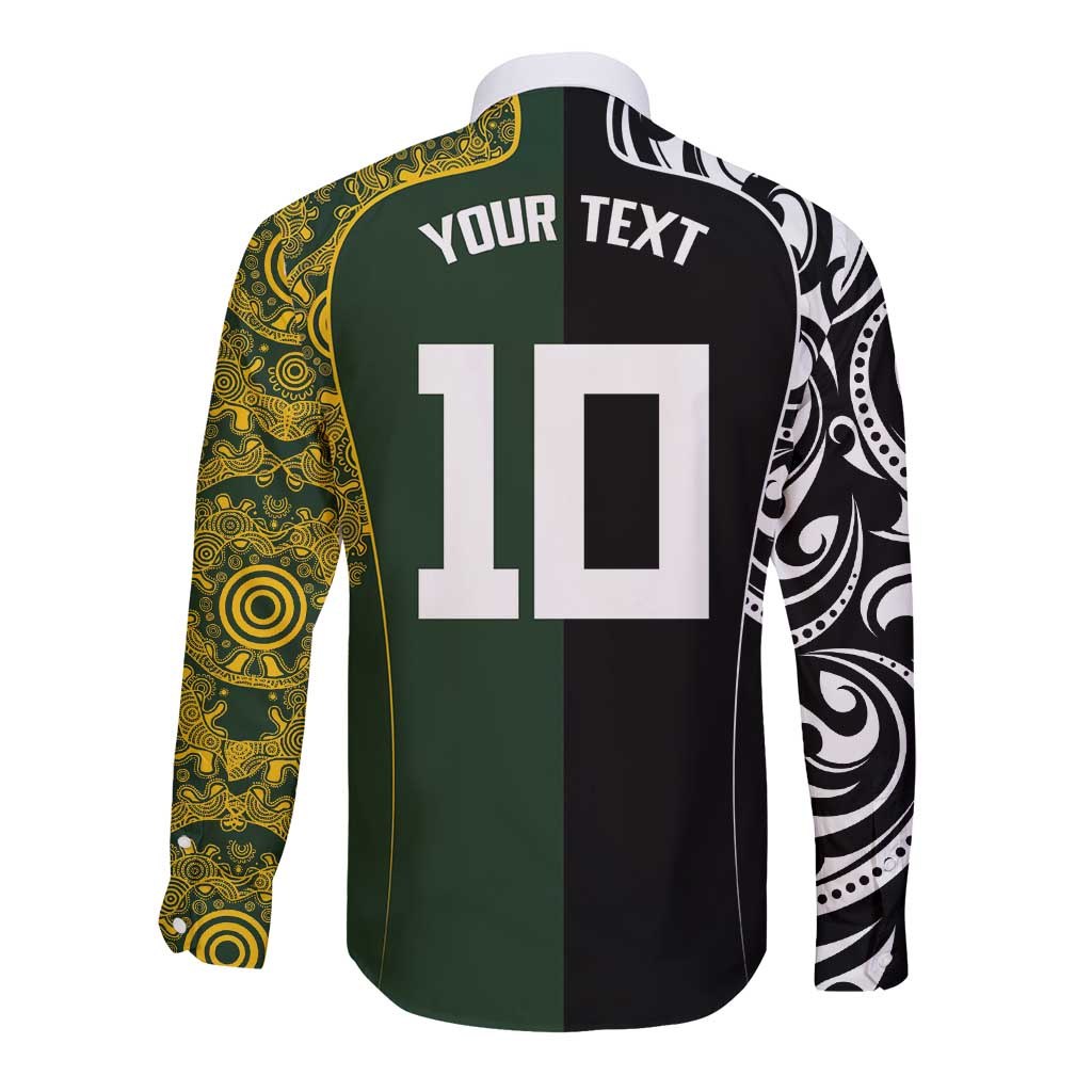 Aotearoa Australia Rugby Custom Long Sleeve Button Shirt Maori and Aboriginal Art Sporty Style - Aussie Hoodie