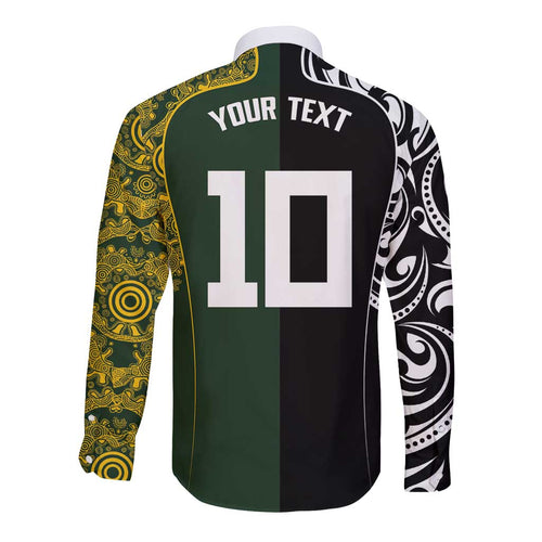 Aotearoa Australia Rugby Custom Long Sleeve Button Shirt Maori and Aboriginal Art Sporty Style - Aussie Hoodie