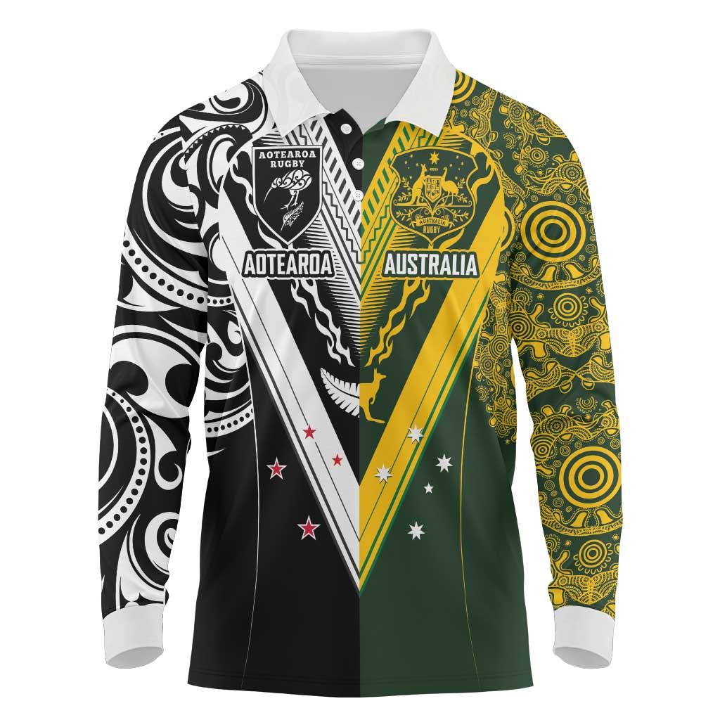 Aotearoa Australia Rugby Custom Long Sleeve Polo Shirt Maori and Aboriginal Art Sporty Style - Aussie Hoodie