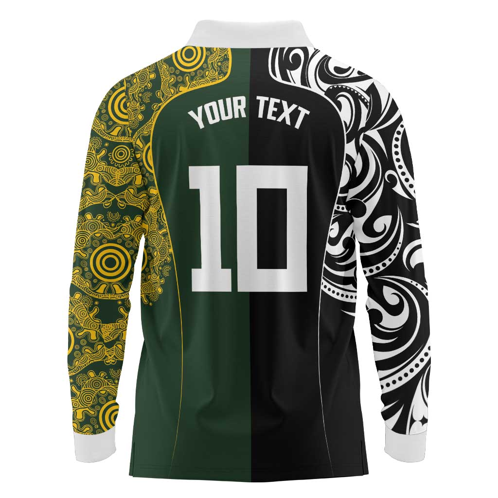 Aotearoa Australia Rugby Custom Long Sleeve Polo Shirt Maori and Aboriginal Art Sporty Style - Aussie Hoodie
