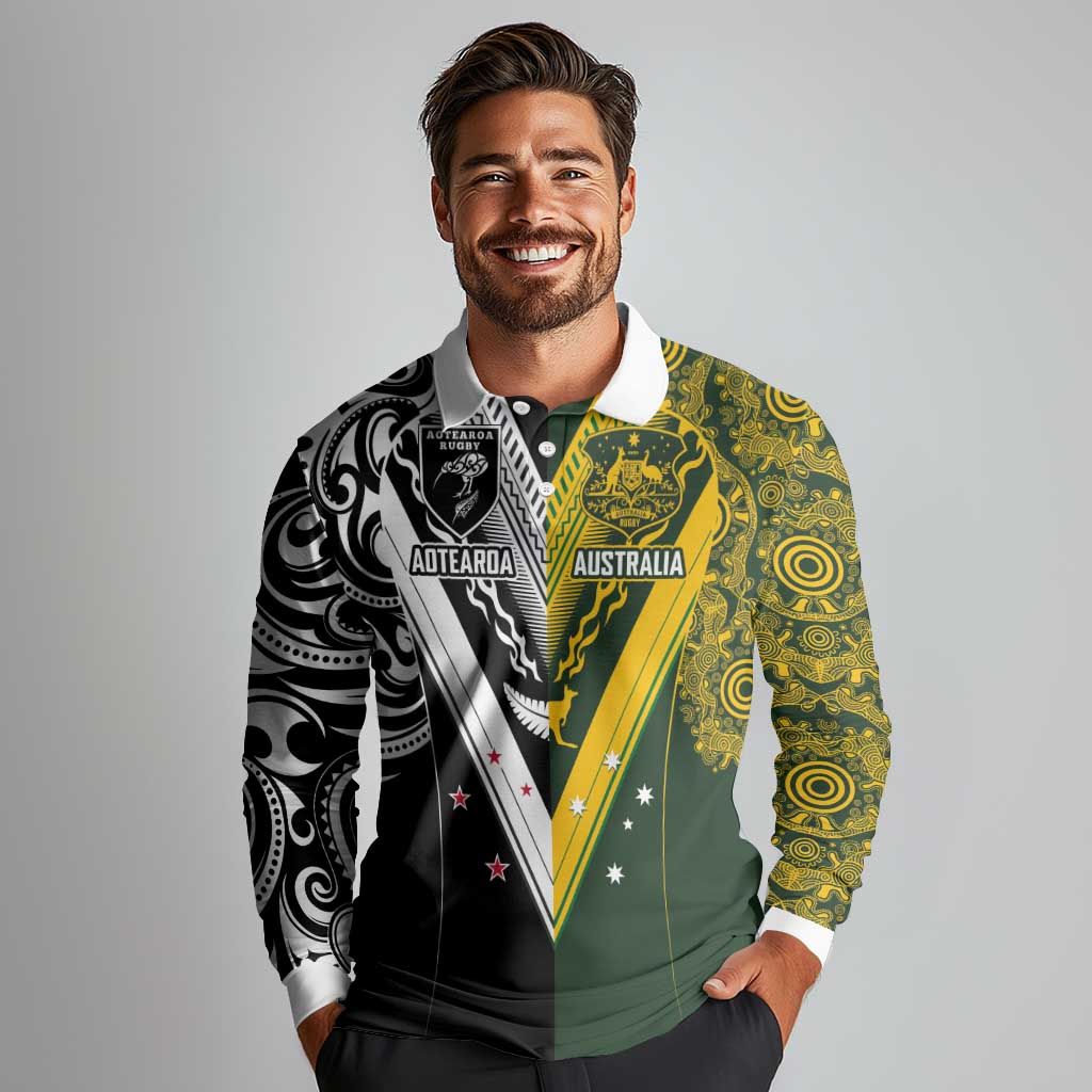 Aotearoa Australia Rugby Custom Long Sleeve Polo Shirt Maori and Aboriginal Art Sporty Style - Aussie Hoodie