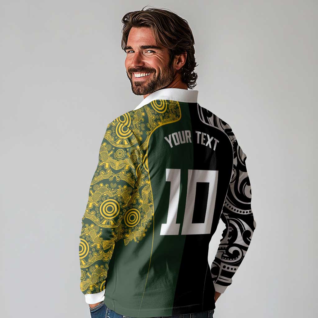 Aotearoa Australia Rugby Custom Long Sleeve Polo Shirt Maori and Aboriginal Art Sporty Style - Aussie Hoodie