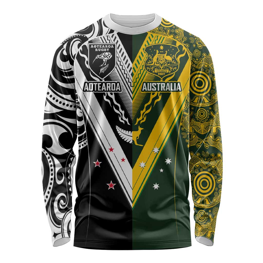 Aotearoa Australia Rugby Custom Long Sleeve Shirt Maori and Aboriginal Art Sporty Style - Aussie Hoodie