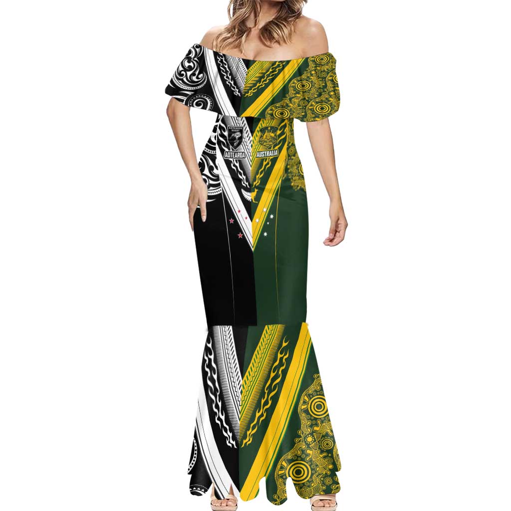 Aotearoa Australia Rugby Custom Mermaid Dress Maori and Aboriginal Art Sporty Style - Aussie Hoodie