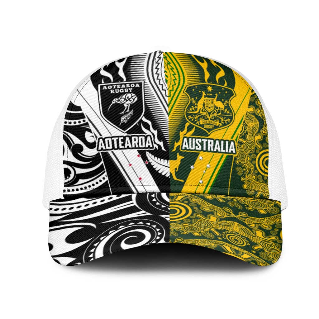 Aotearoa Australia Rugby Mesh Trucker Cap Maori and Aboriginal Art Sporty Style - Aussie Hoodie