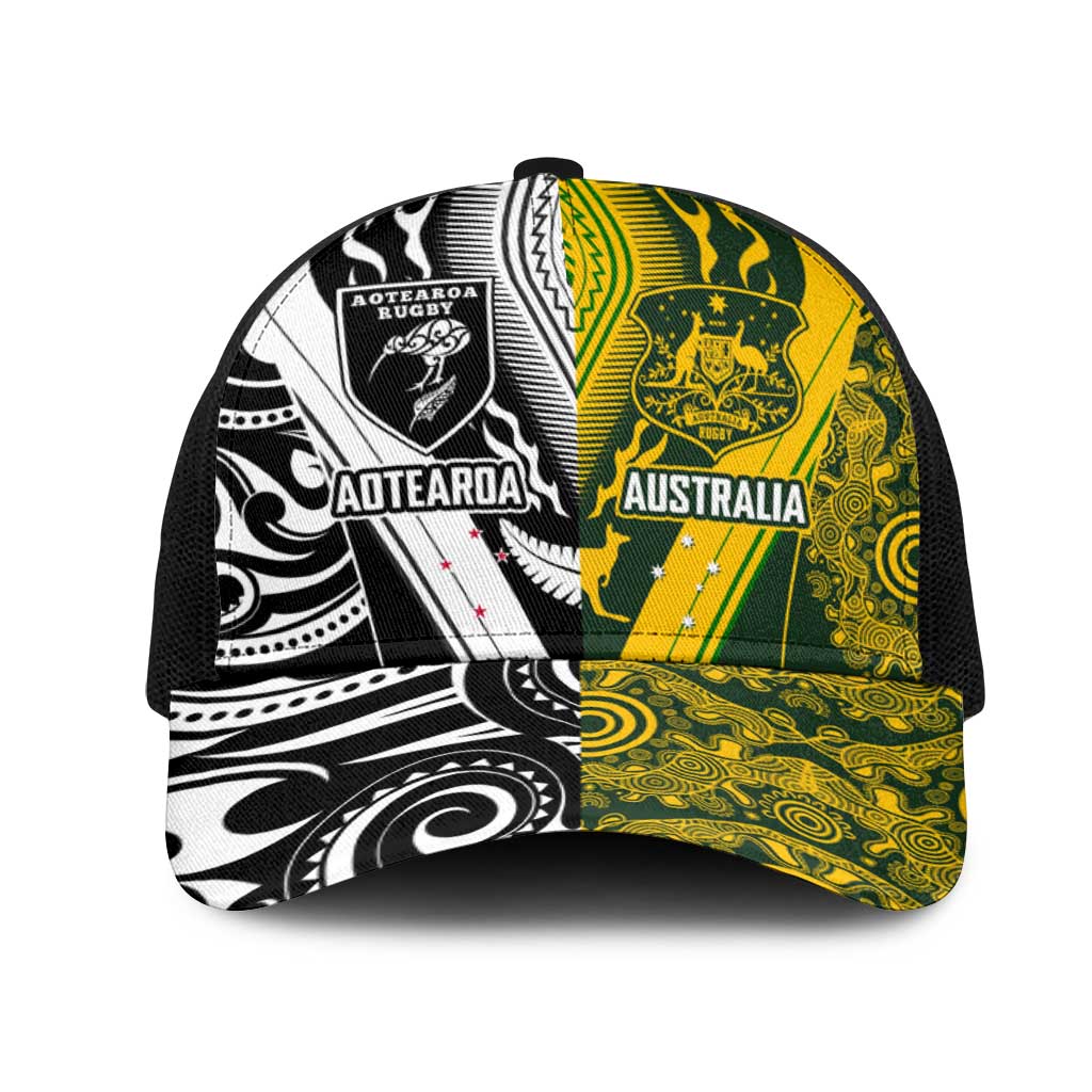 Aotearoa Australia Rugby Mesh Trucker Cap Maori and Aboriginal Art Sporty Style - Aussie Hoodie