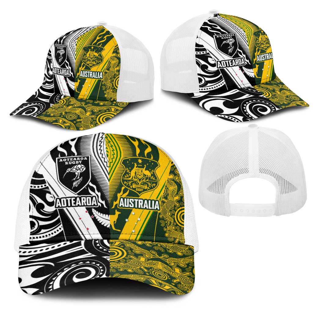 Aotearoa Australia Rugby Mesh Trucker Cap Maori and Aboriginal Art Sporty Style - Aussie Hoodie