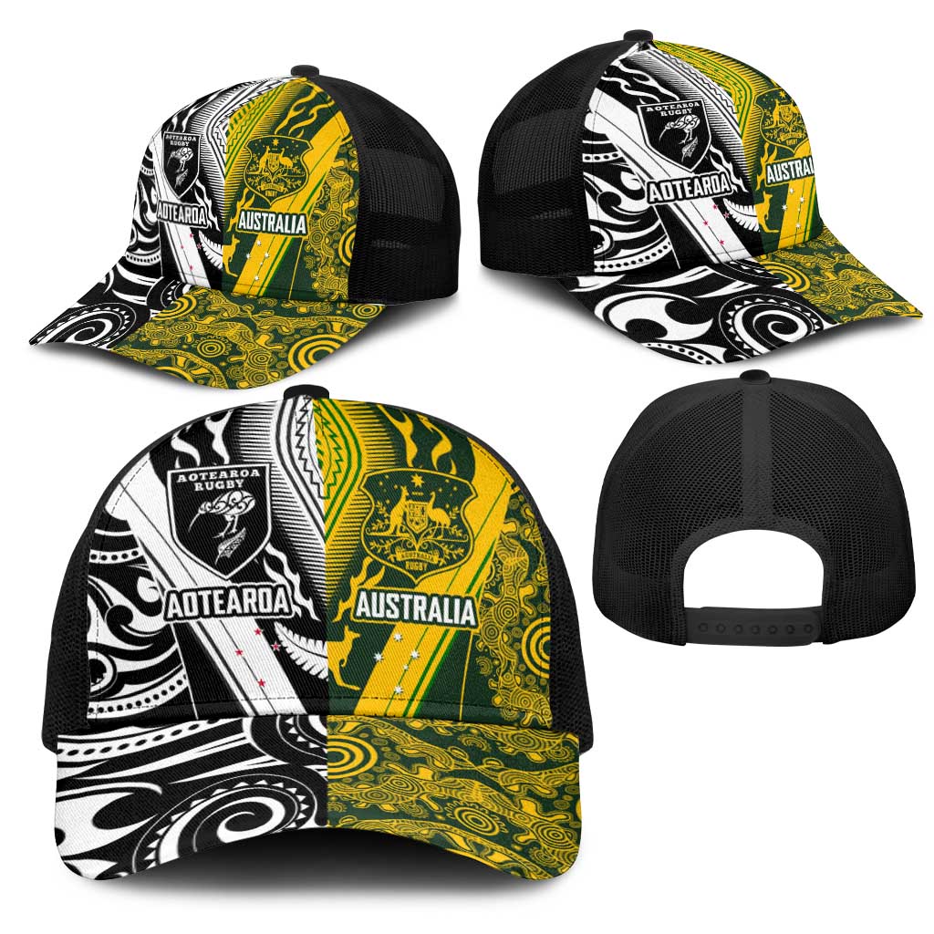 Aotearoa Australia Rugby Mesh Trucker Cap Maori and Aboriginal Art Sporty Style - Aussie Hoodie