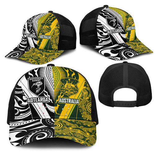 Aotearoa Australia Rugby Mesh Trucker Cap Maori and Aboriginal Art Sporty Style - Aussie Hoodie