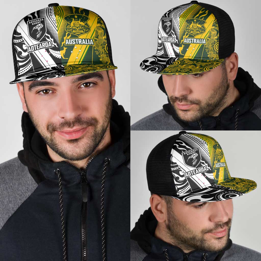 Aotearoa Australia Rugby Mesh Trucker Cap Maori and Aboriginal Art Sporty Style - Aussie Hoodie