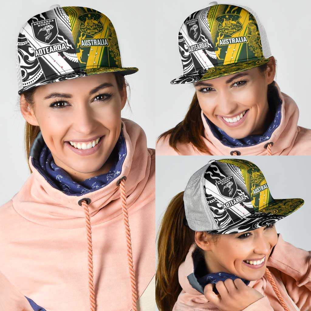 Aotearoa Australia Rugby Mesh Trucker Cap Maori and Aboriginal Art Sporty Style - Aussie Hoodie